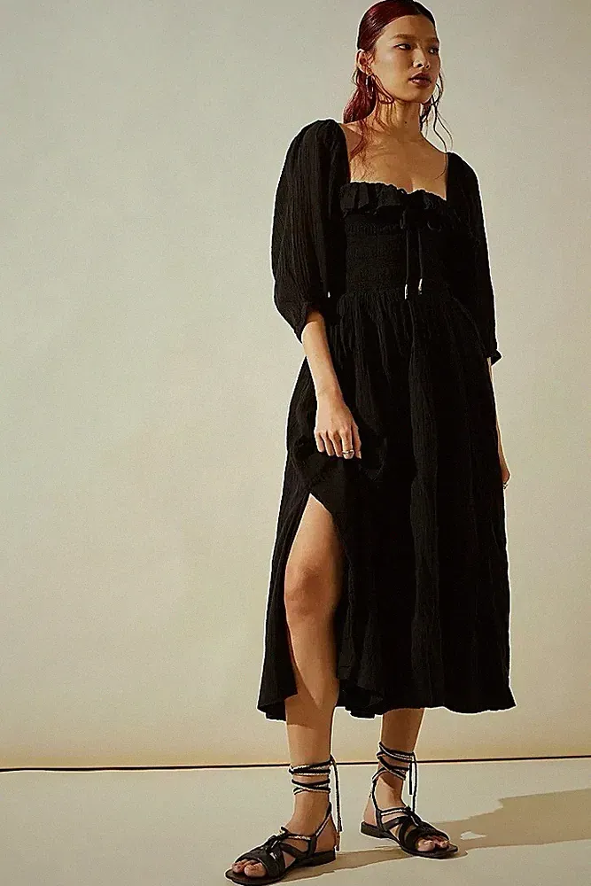 Free People schwarzes Boho Midikleid Gr. S eckiger Ausschnitt Seitenschlitze