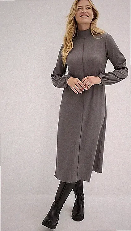FREEMANS A-Linien Rollkragen-Kleid aus Crêpe Midi Länge Grau Langarm (fmn74-14)