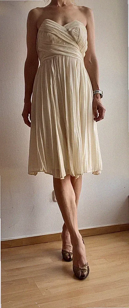 French Connection Kleid 34-36 Creme-Weiß Plissee Cocktail Hochzeitsgast Romantic