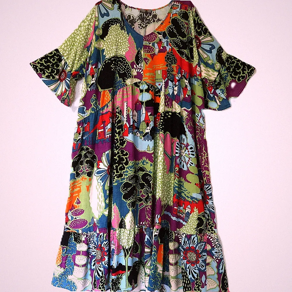 FRENZI Oversize Lagenlook Long-Kleid 48-50-52 A-Linie Viskose allover-print bunt