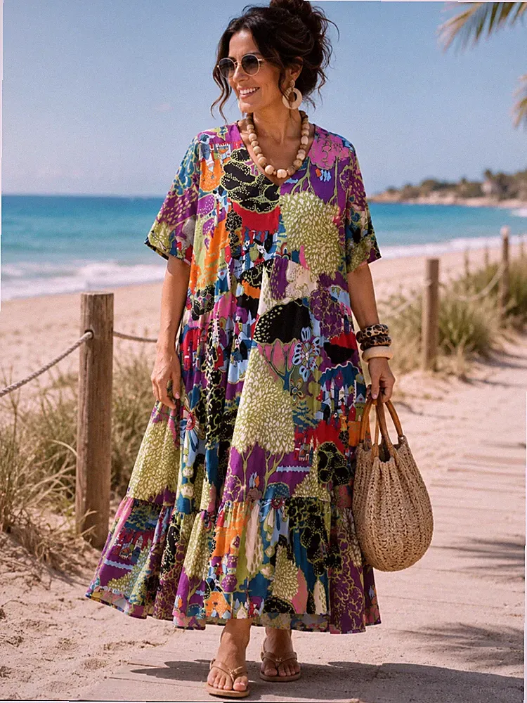 FRENZI Oversize Lagenlook Long-Kleid 48-50-52 A-Linie Viskose allover-print bunt