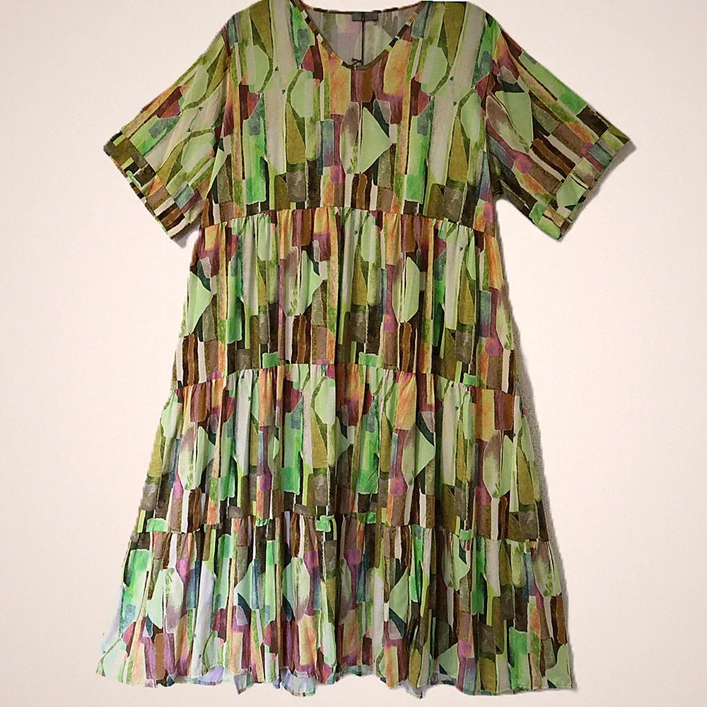 FRENZI Oversize Lagenlook Long-Kleid 48-50-52 A-Linie Viskose allover-print grün