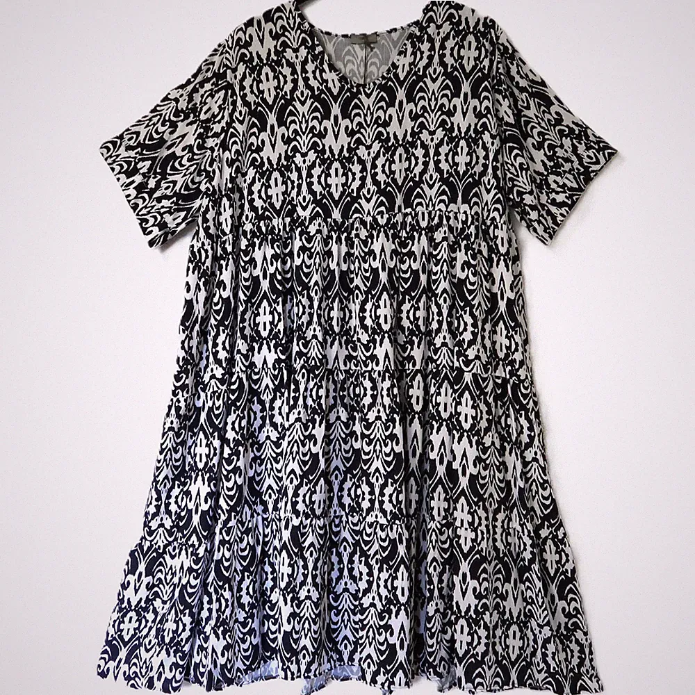 FRENZI Oversize Lagenlook Long-Kleid 48-50-52 A-Linie Viskose allover-print weiß