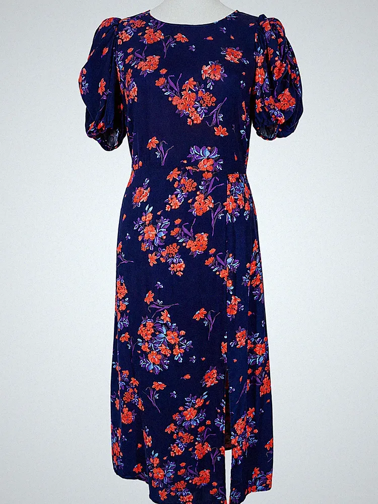 Friends Like These Kleid UK 14 marineblau Blumen Midi Maxi gerafft Puffärmel neu mit Etikett
