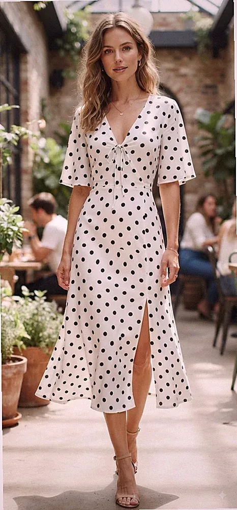 Friends Like These Midi Kleid Gr. 18 Elfenbein Schwarz Punkte Kurzarm V-Ausschnitt Schlitz