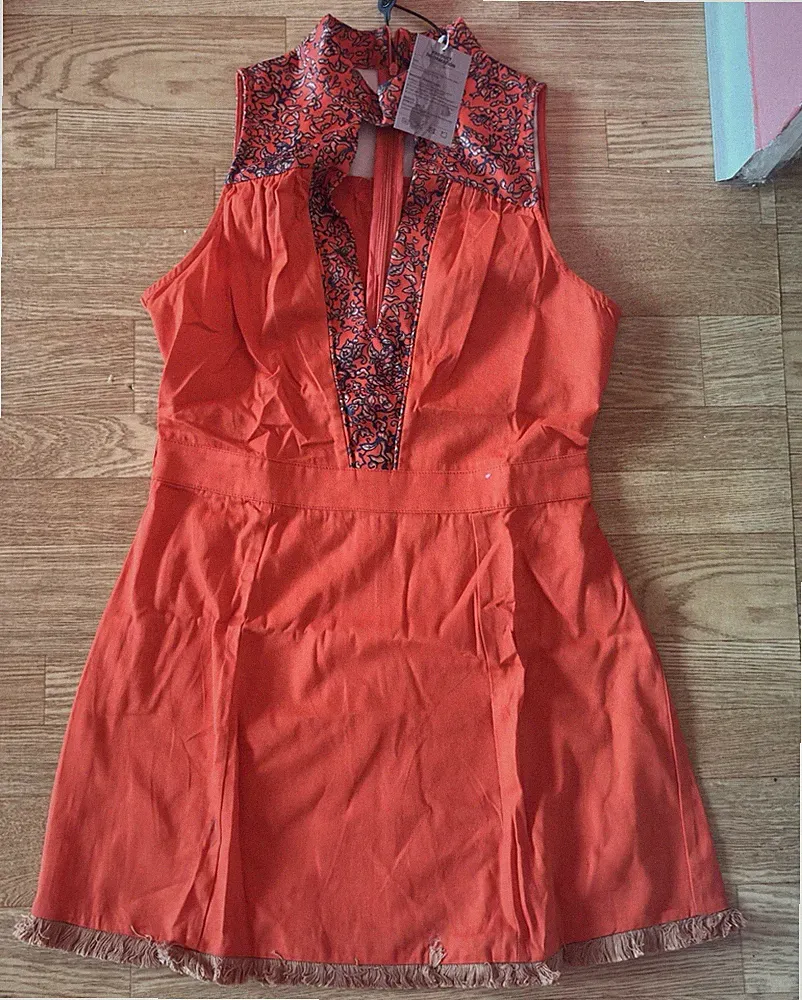 Gallery Damen A-Linien-Kleid M kurz ärmellos V-Ausschnitt orange Fransen