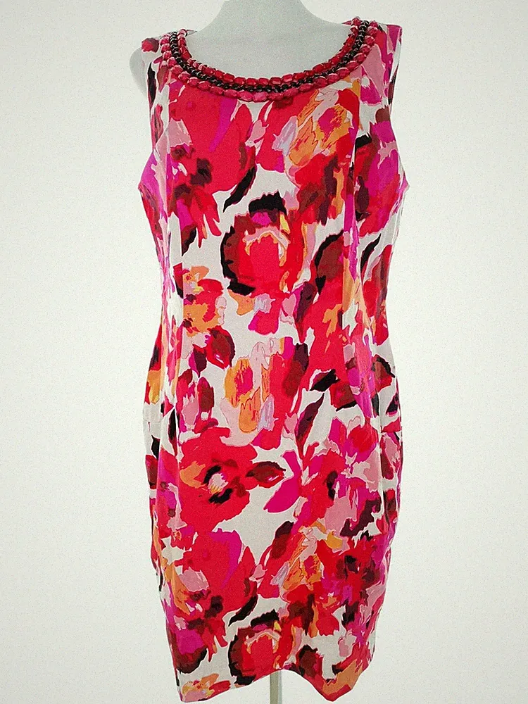 GALLERY Damen Kleid Gr. 44 Rosa Baumwolle Ärmellos Perlen Midi Runder Ausschnitt