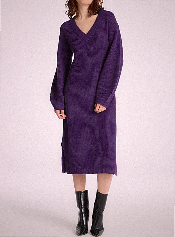 GANT Damen lila Strick Wollmischung V-Ausschnitt Midikleid Gr. XS 4502068