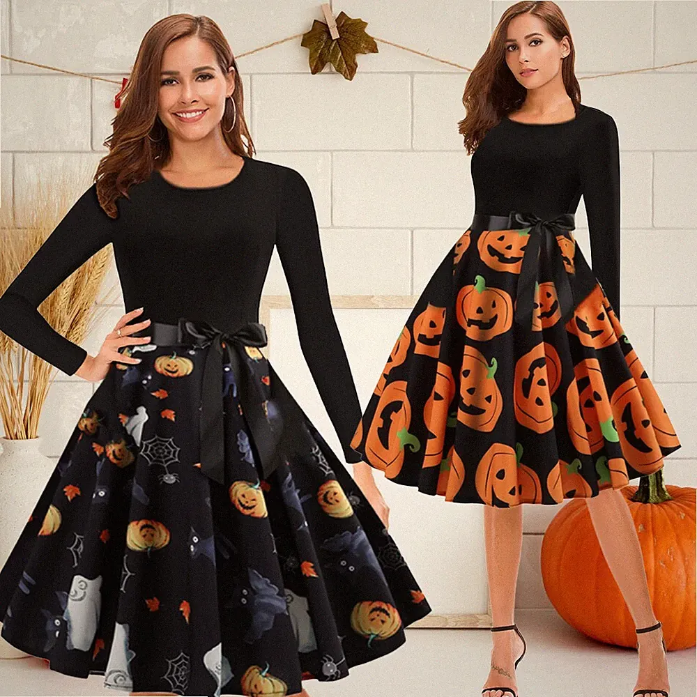 Gedruckt Schädel Halloween Kostüm Kleid Damen Cosplay Hexe Langarm Kleider SMLXL