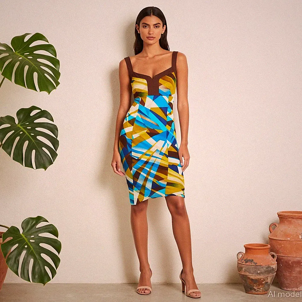 Geometrisch Kleid NINE WEST Midi Etuikleid Herz-Ausschnitt Ärmellos Gr. 34