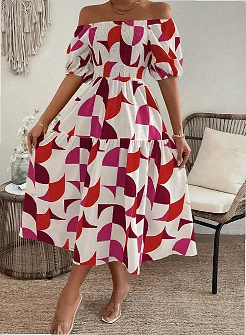 Geometrisches Muster gerafftes Off-Shoulder-Kleid, elegantes Volant-Saum A-Linie