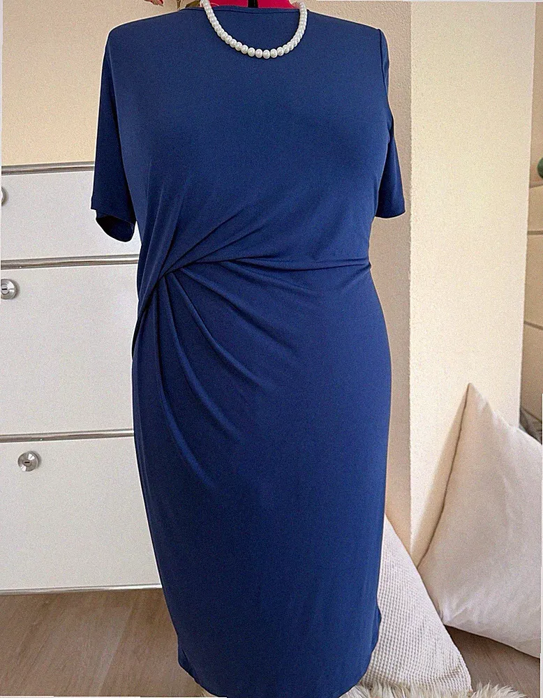 George Etui-Kleid Gr. 46 navy Jersey Kurzarm Rundhals drapiert Stretch Midi