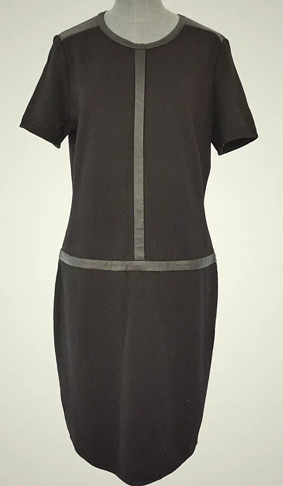 Georges Rech Kleid schwarz Vintage französische Wolle Lederbesatz Drop Waist FR 40 UK 12