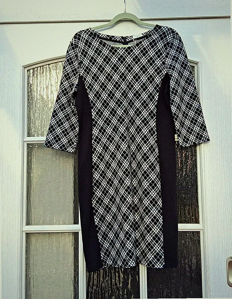Gerry Weber Damen Etuikleid Gr. 40 schwarz/weiß kariert Jersey Stretch 3/4 Arm