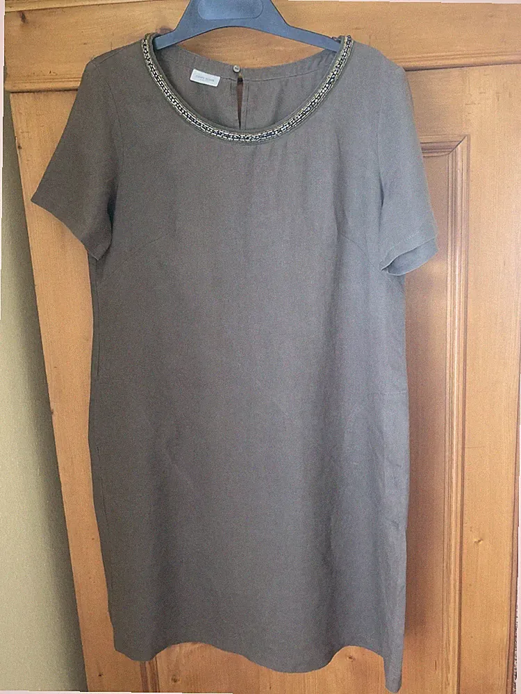 Gerry Weber Designer Mode Kleid Tunika Gr.40 Khaki 100% Leinen mit Perlen Top