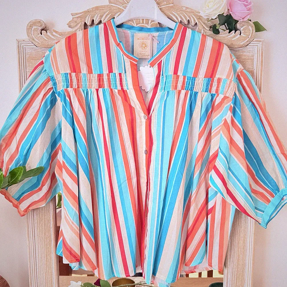 Gestreifte Bluse Blau Koralle April Vintage Neu Baumwolle Einheitsgröße