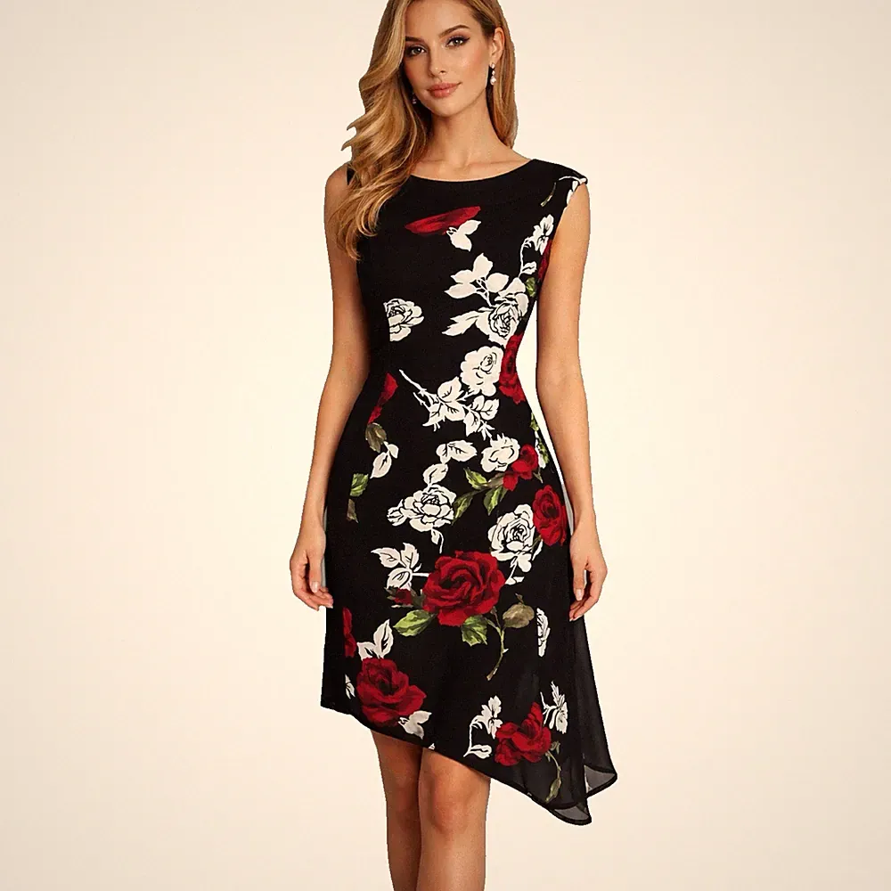 Gina Bacconi Kleid schwarz rot Rosenmuster UK 16 asymmetrischer Saum Hochzeitsgast neu mit Etikett