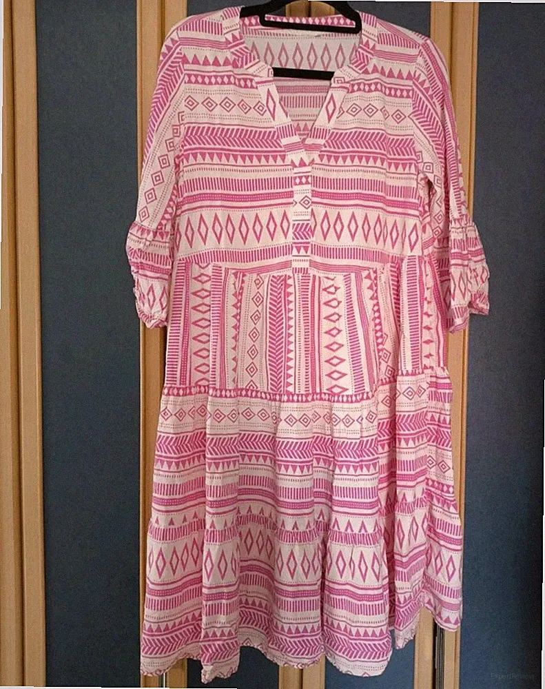 Gina Damen Kleid geometrisch rosa/weiß Gr. M (38/40) V-Ausschnitt 3/4 A-Linie
