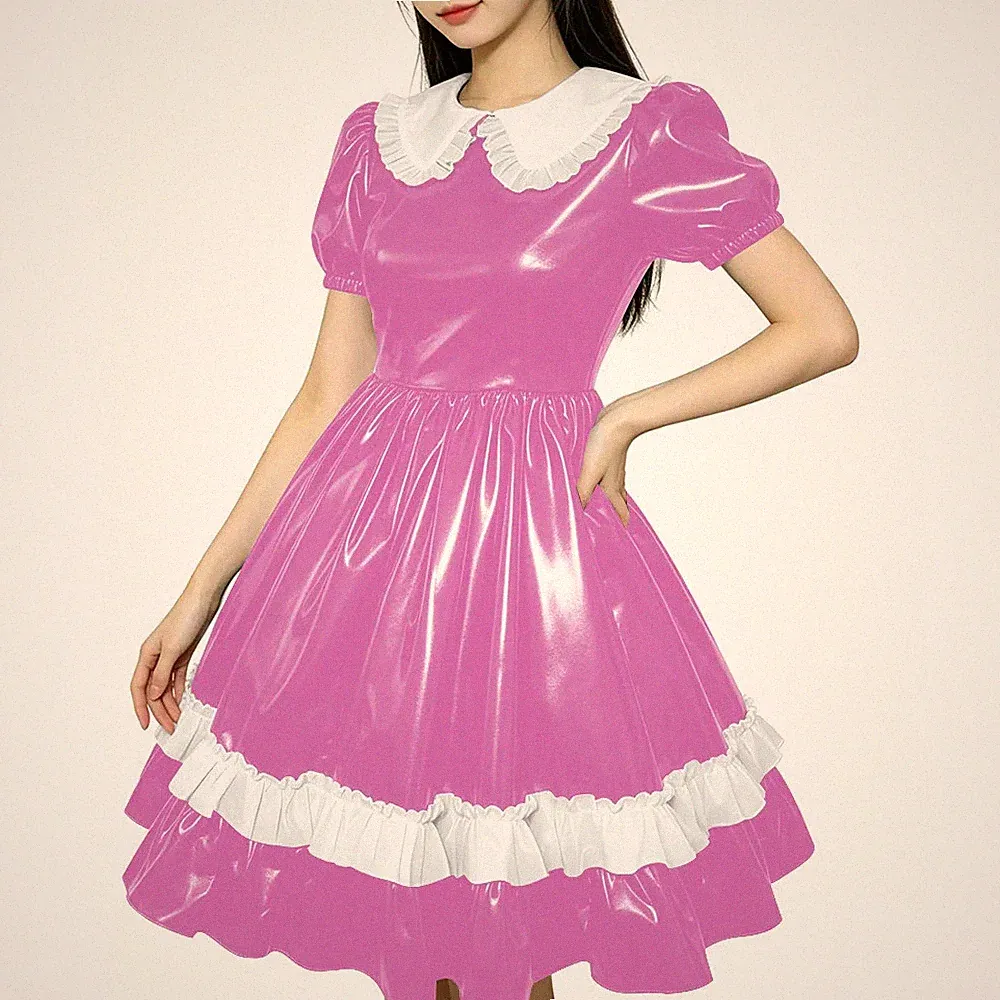 Glänzendes PVC Puppenkragen Lolita Süße Puffärmel Rüschen Mini Prinzessin Kleid