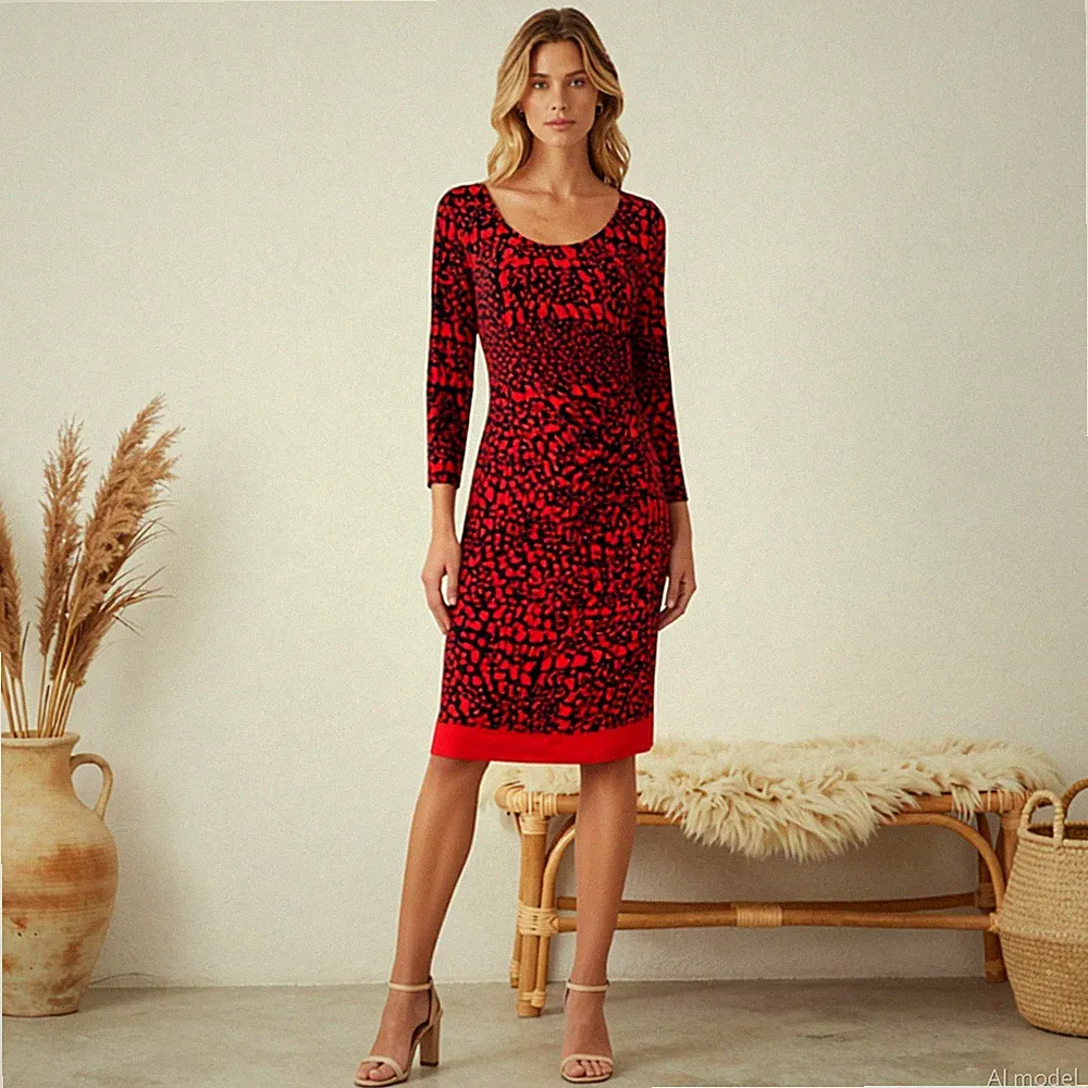 Glam Cocktail Midi Kleid Schwarz Rot Animal Print Etui Langarm M&S Per Gr. 42