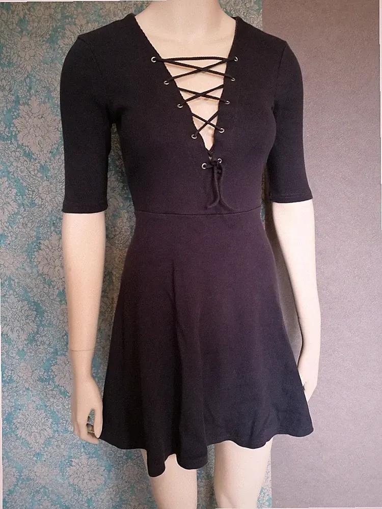 GLAMOROUS Kleid Boho Gothic Ripp 38 M 40 L Schwarz Dunkelblaugrau Basic A-Linie