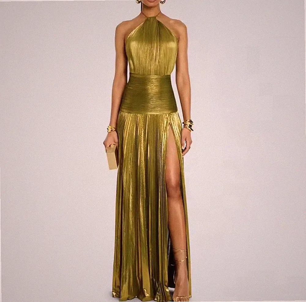Goldfarbenes Maxi Abendkleid, Neckholder Hochzeitsgast langes Kleid Kleid - Gr. M (UK 10)