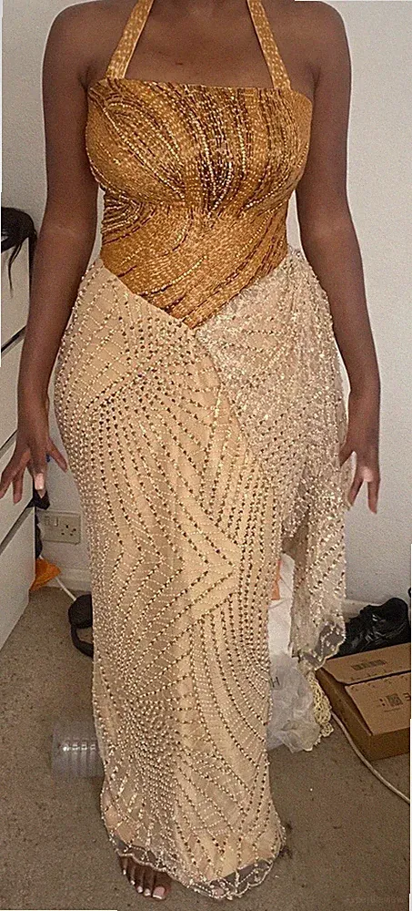 Goldgelb Perlen traditioneller afrikanischer Stil Hochzeit Gast Outfit Maxikleid