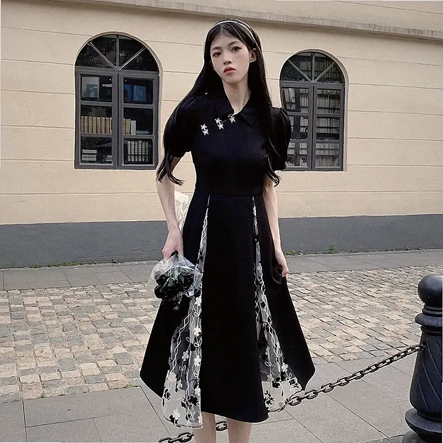 Gothic Retro Cheongsam Kleid mit Mesh Einsätzen Midi A-Linie Schwarz