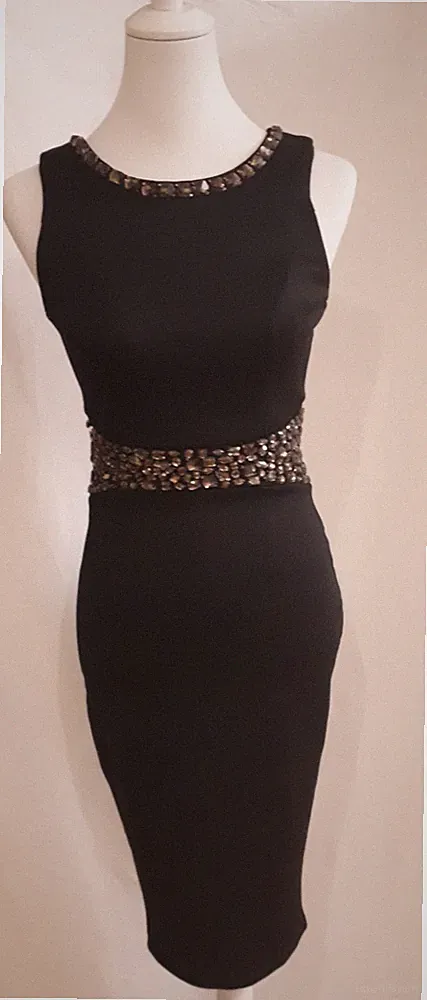 Gr 36 Etui Abend Kleid schwarz Strass Dekolleté und Taille schön Maße beachten