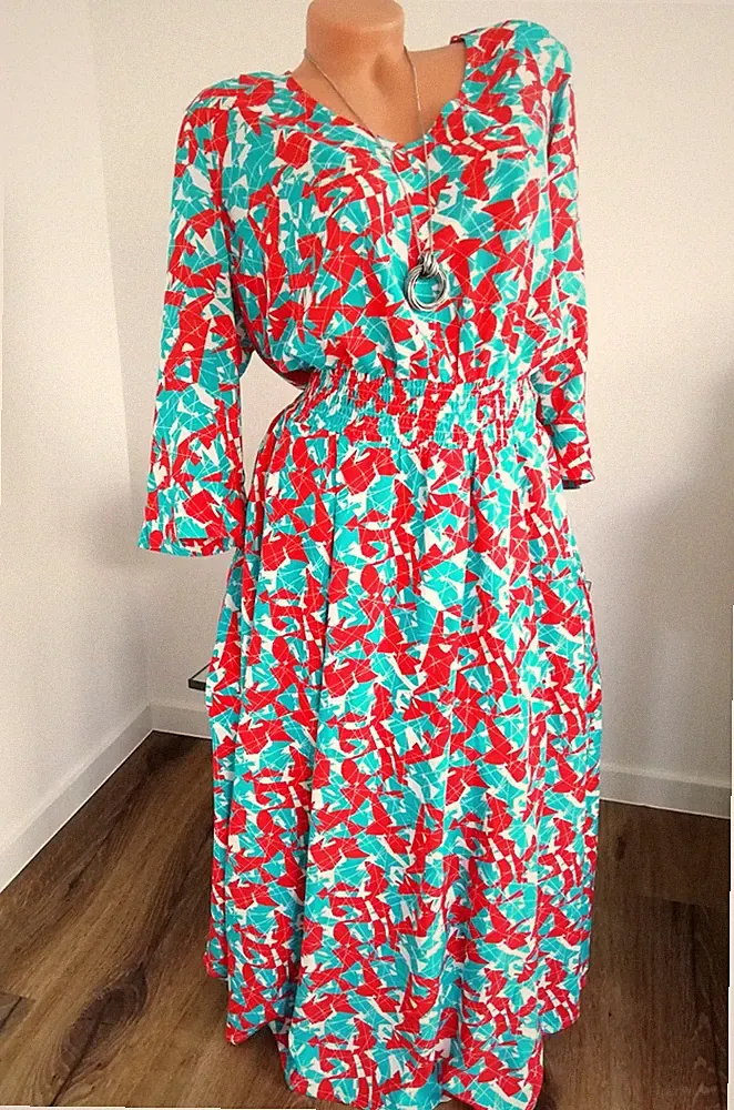 Gr. 44 Sheego Midi-Kleid Viskose gesmokte Taille helle Sommerfarben - 40% Rabatt