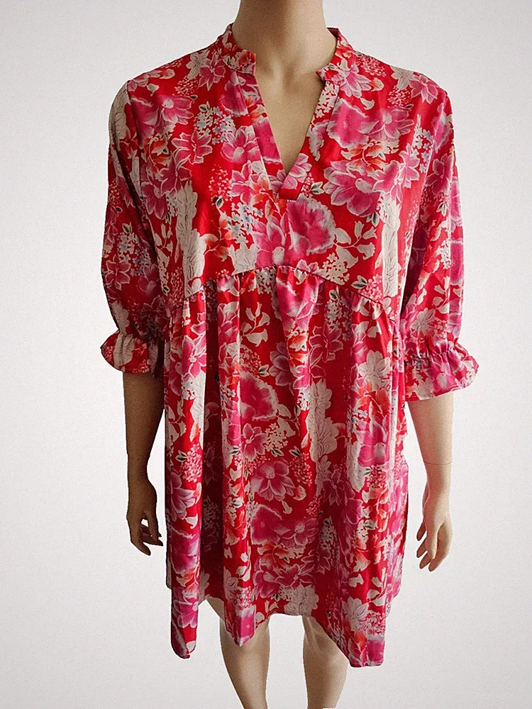 Gr.4XL Sommerkleid Trapez A-Linie bunt rot Blumen Muster romantisch