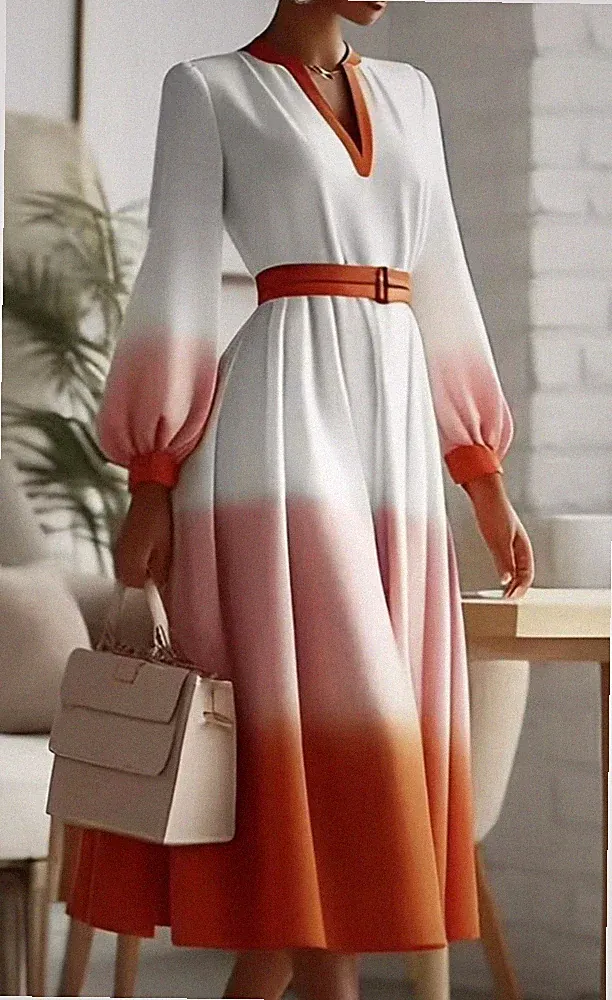 Gr.S StyleweElegantes Etuikleid Mit Ombre-Muster,V-Ausschnitt-Langen Ärmeln,Neu