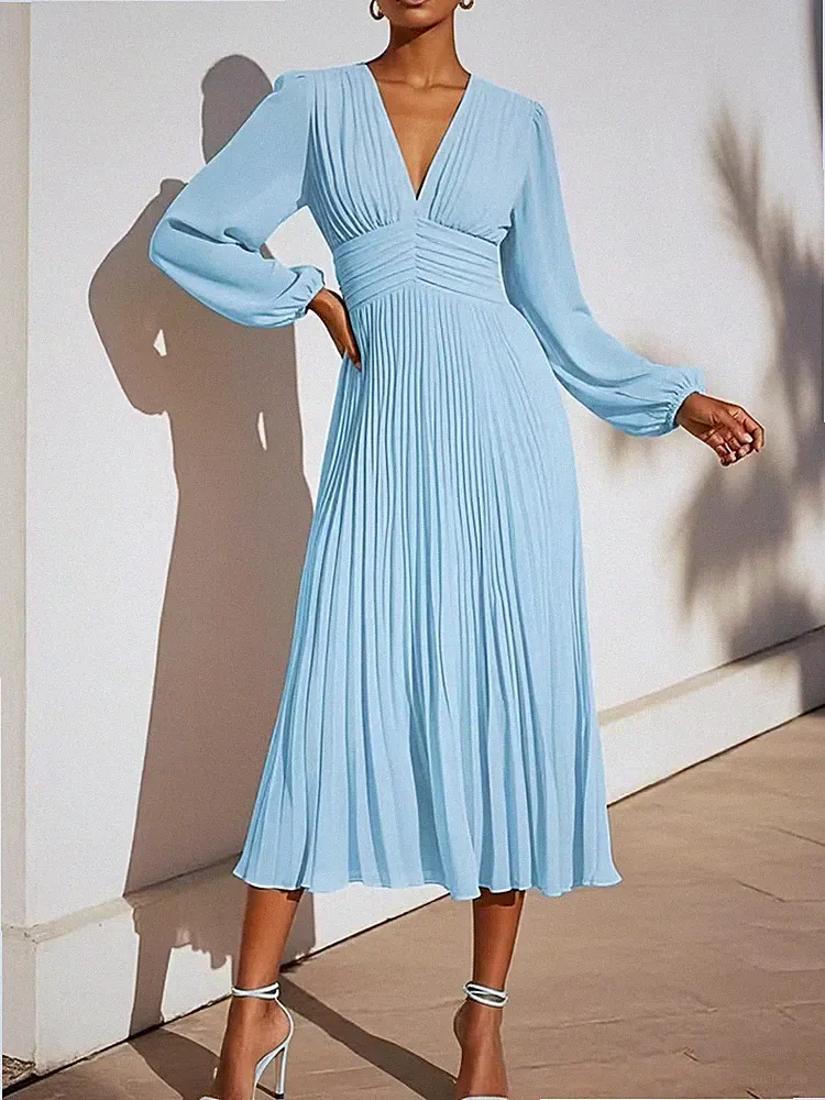 Gr-US.14 Fehaute Hellblaues V-Ausschnitt Midi-Chiffonkleid A-Linie-Plisseefalten