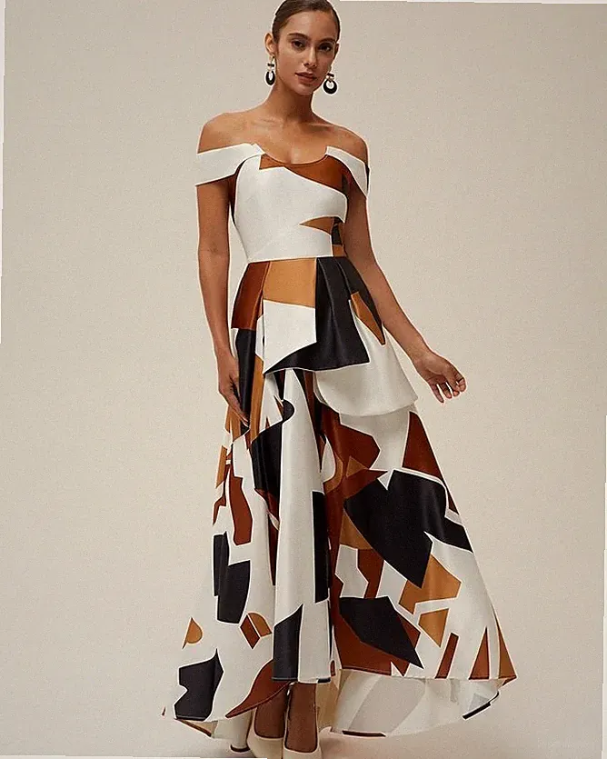 Gr.US.2 Fehaute,Schulterfreies Maxikleid in A-Linie mit Farbblockdesign