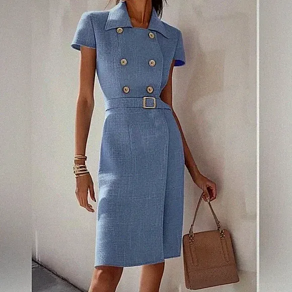 Gr.US.4 Fehaute Blaues Etuikleid mit Wickeldesign und Rundhalsausschnitt Neu