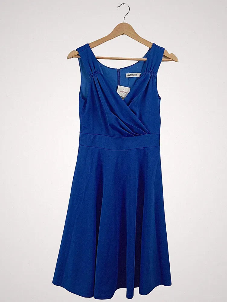 Grace Karin Cocktailkleid Blau A-Linie Gr. 36 Wickeloptik