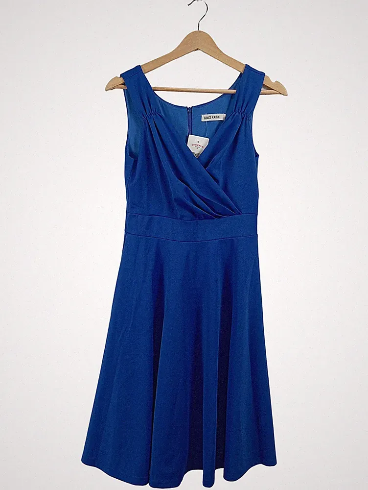 Grace Karin Cocktailkleid Blau A-Linie Gr. 36 Wickeloptik