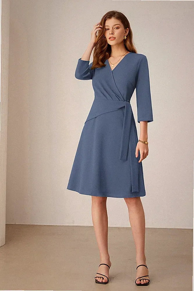 GRACE KARIN Damen A-Linie Kleid Blau XL Gürtel Business Hochzeit Gast V-Ausschnitt