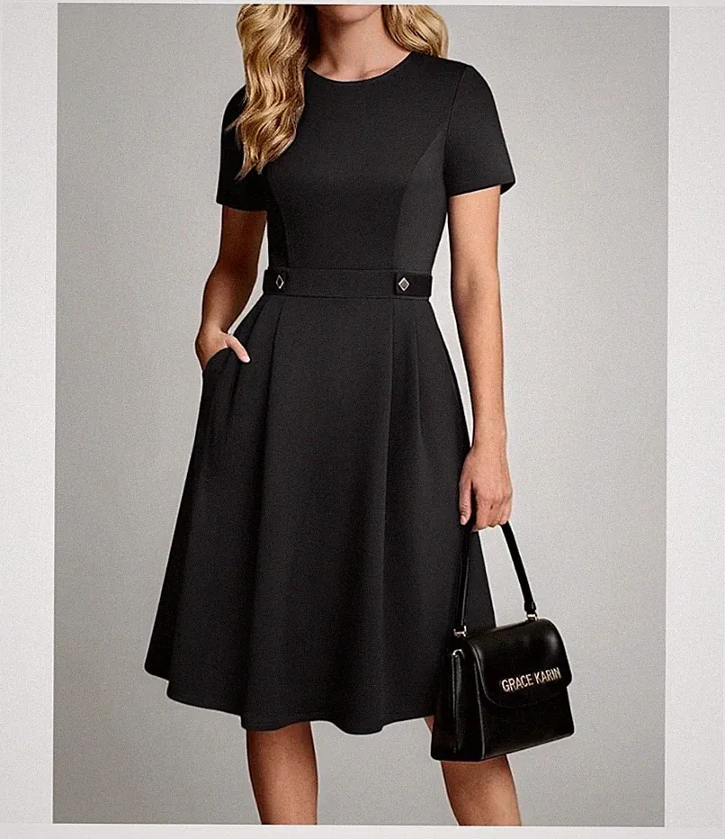 Grace Karin Damen Kleid A Linie Elegant Kurzarm Schwarz