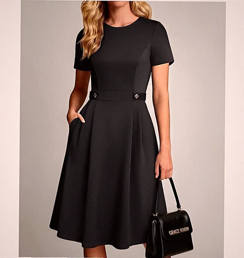 Grace Karin Damen Kleid A-Linie Midi Kurzarm Rundhals Gürtel Taschen M