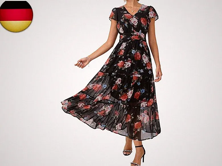 GRACE KARIN Damen Rüschenärmel V-Ausschnitt Midikleid A-Linie Blume Sommerkleid