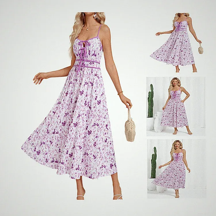 GRACE KARIN Damen Sommerkleid A-Linie V-Ausschnitt Blumenmuster Spaghetti Tr