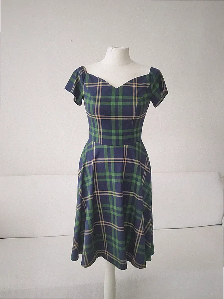 Grace Karin Kleid Kurzarm Tartan kariert S Grün Blau Beige D 34 36 Baumwolle