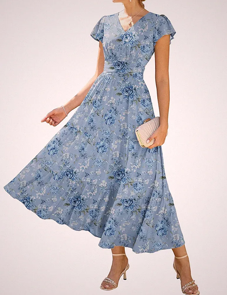 Grace Karin Semiformal Dress Kleid Damen Blau L Midi A-Linie Blumenmuster Neu