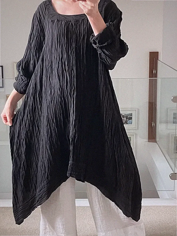 GRIZAS Lagenlook Artsy Crinkled schwarz asymmetrisch Kleid Tunika Leinen/Seide 2XL