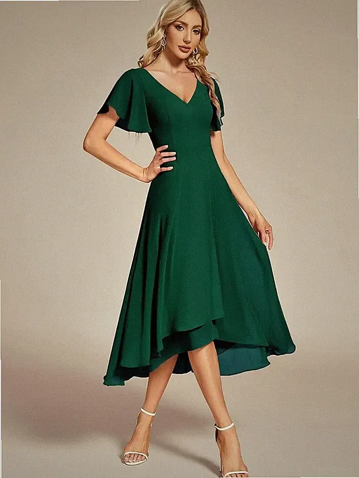 Größe 8 | Ever Pretty Elegantes High Low Rüschen Chiffon Hochzeitsgast Kleid | Grün