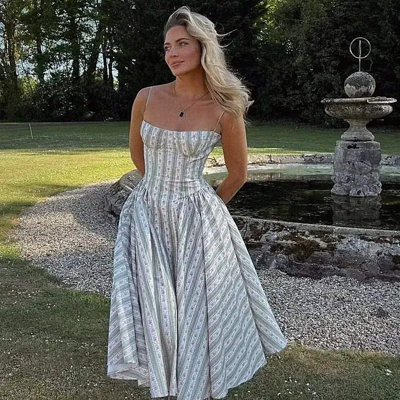 Grünes Blumenkleid Spaghettiträger A-Linie Midi Sommerkleid Elegant Party Urlaub