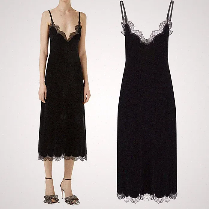Gucci Maxi Designer Kleid Schwarz Samt Spitzenbesatz IT42