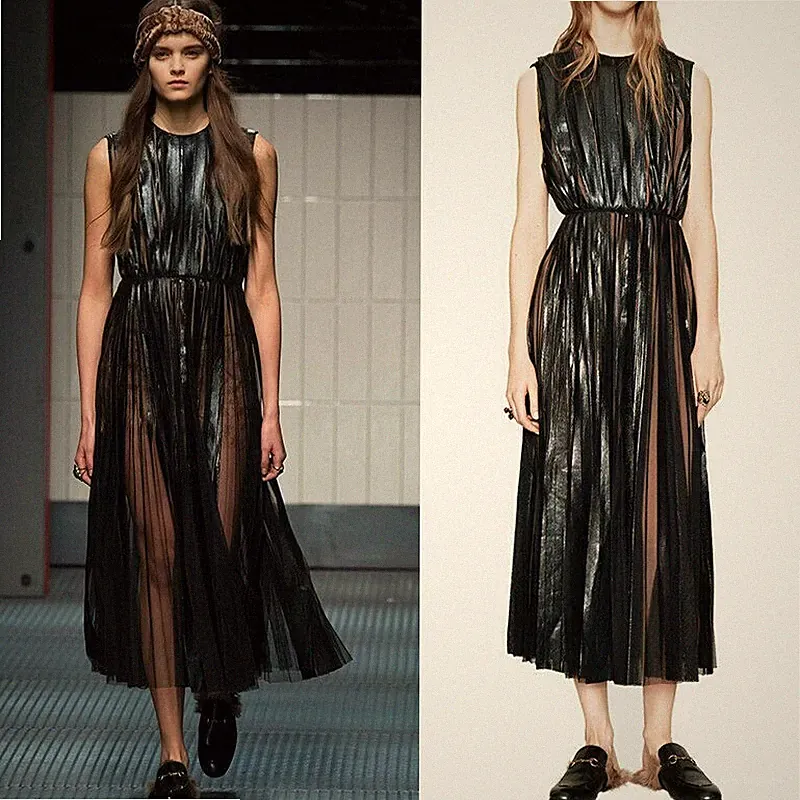 Gucci Runway FW2015 Plissee Tulle Sheer Black Maxi Dress IT36
