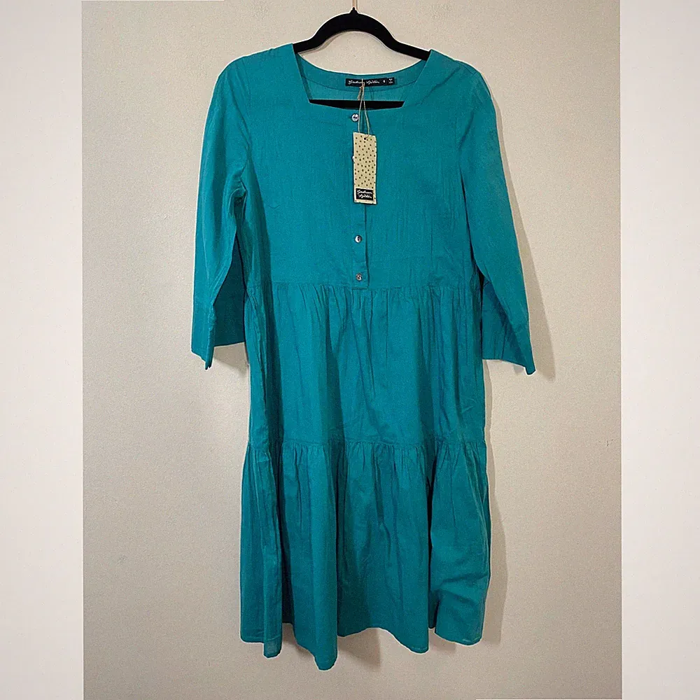 Gudrun Sjoden Früchte Kleid Gr. Small Grün Baumwolle Türkis Langarm Artsy